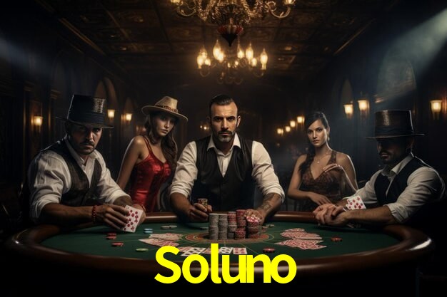Escena dinámica inspirada en casino con iluminación Soluno, cartas, fichas e íconos de juegos digitales en un espacio moderno de juegos.