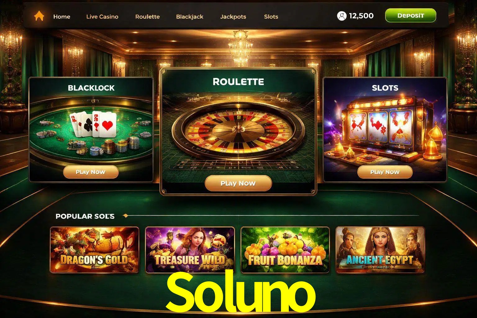 Vista de la plataforma Soluno Casino mostrando categorías organizadas de juegos en línea