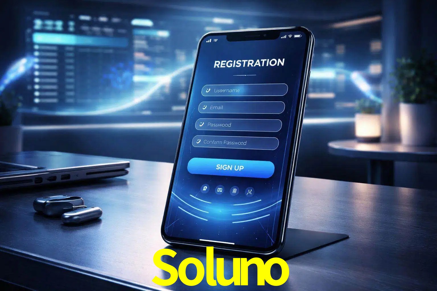 Una interfaz moderna de registro móvil para Soluno mostrada en un smartphone con un panel de apuestas elegante.